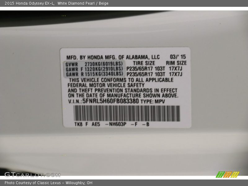 White Diamond Pearl / Beige 2015 Honda Odyssey EX-L