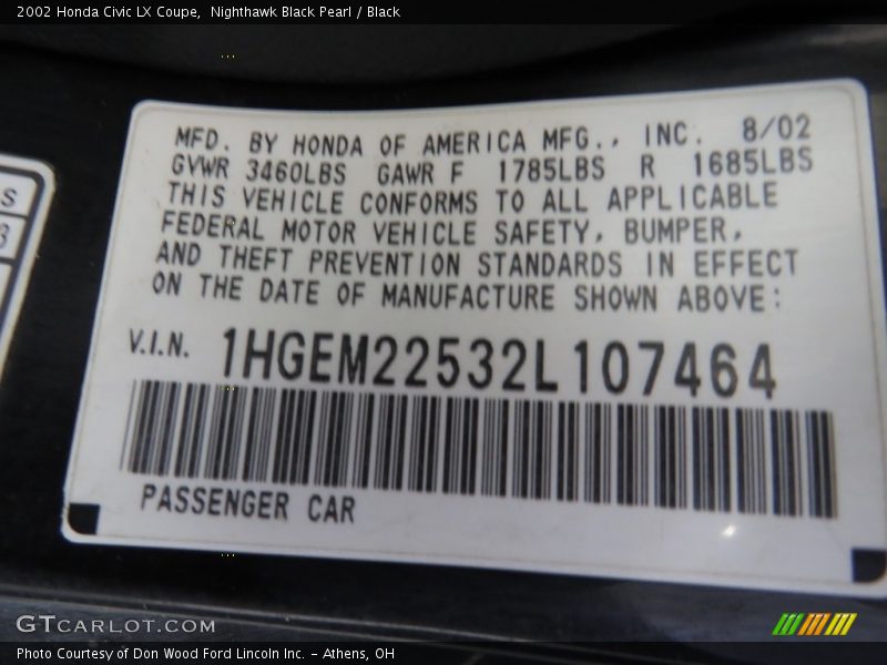 Nighthawk Black Pearl / Black 2002 Honda Civic LX Coupe