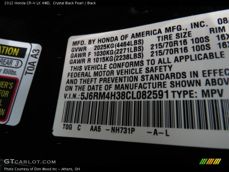Crystal Black Pearl / Black 2012 Honda CR-V LX 4WD
