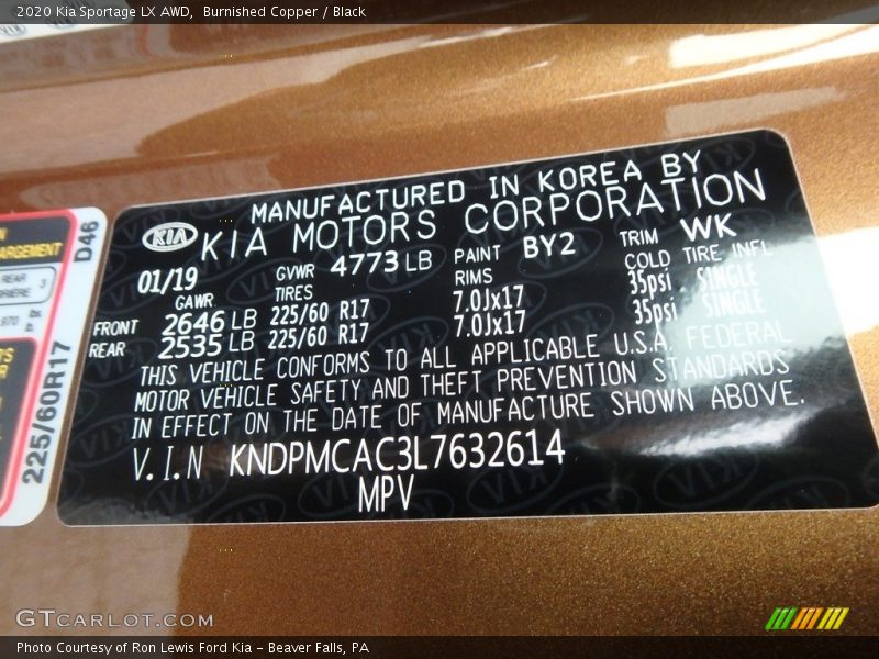 2020 Sportage LX AWD Burnished Copper Color Code BY2