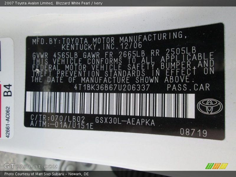Blizzard White Pearl / Ivory 2007 Toyota Avalon Limited