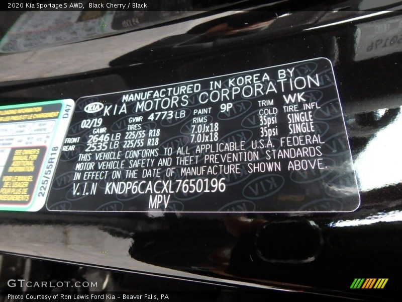 2020 Sportage S AWD Black Cherry Color Code 9P