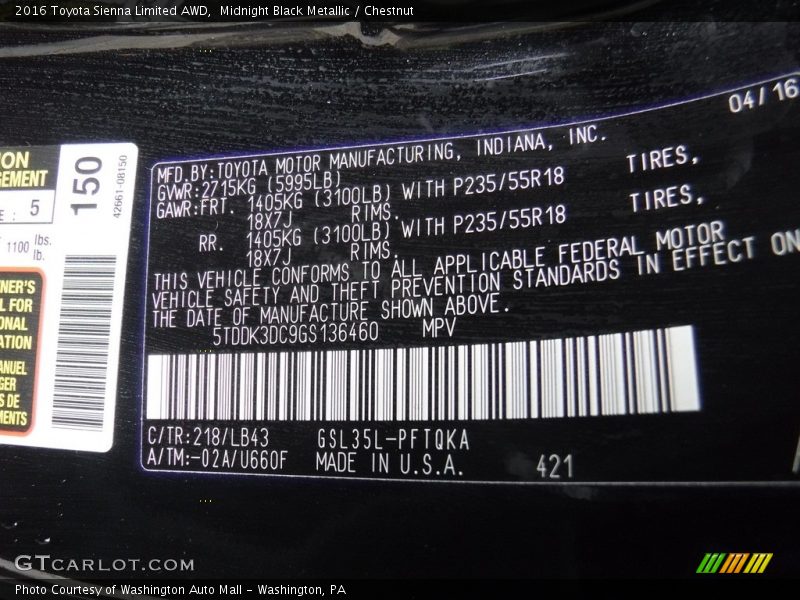 Midnight Black Metallic / Chestnut 2016 Toyota Sienna Limited AWD