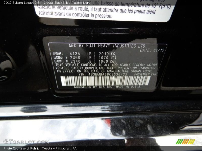 Crystal Black Silica / Warm Ivory 2012 Subaru Legacy 2.5i