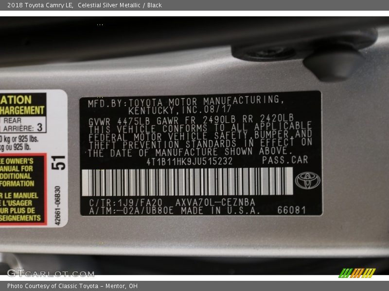 Celestial Silver Metallic / Black 2018 Toyota Camry LE