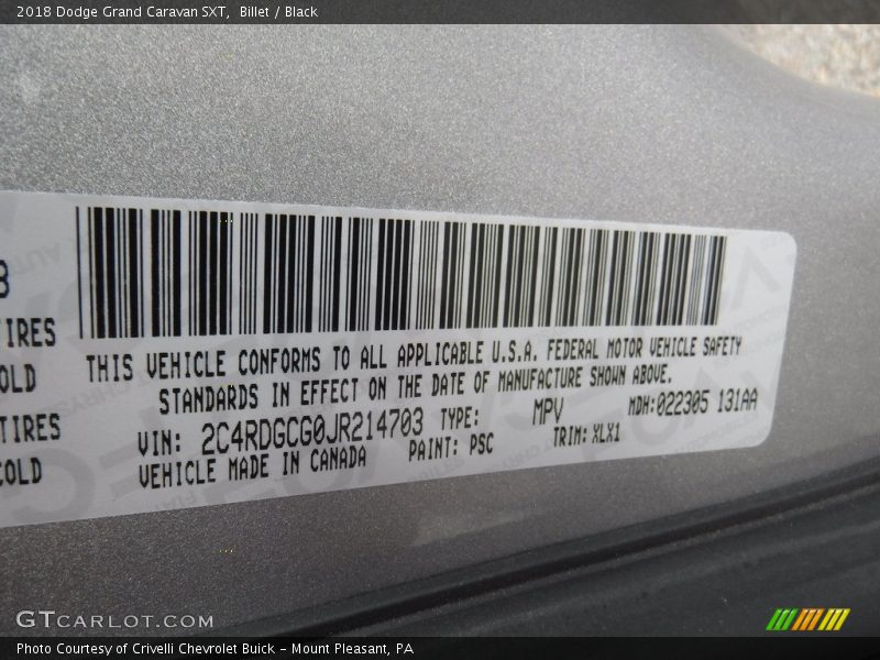 Billet / Black 2018 Dodge Grand Caravan SXT