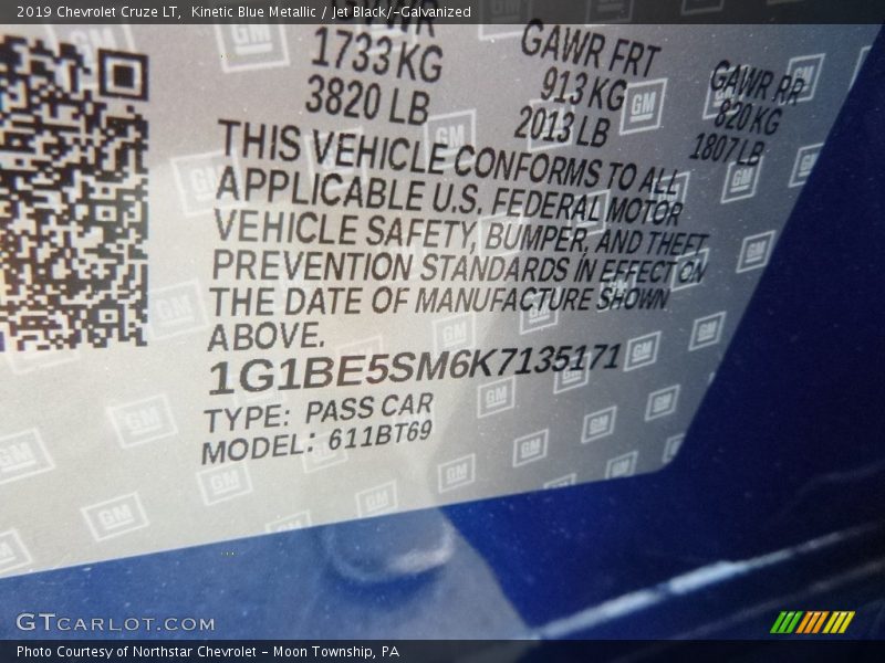 Kinetic Blue Metallic / Jet Black/­Galvanized 2019 Chevrolet Cruze LT