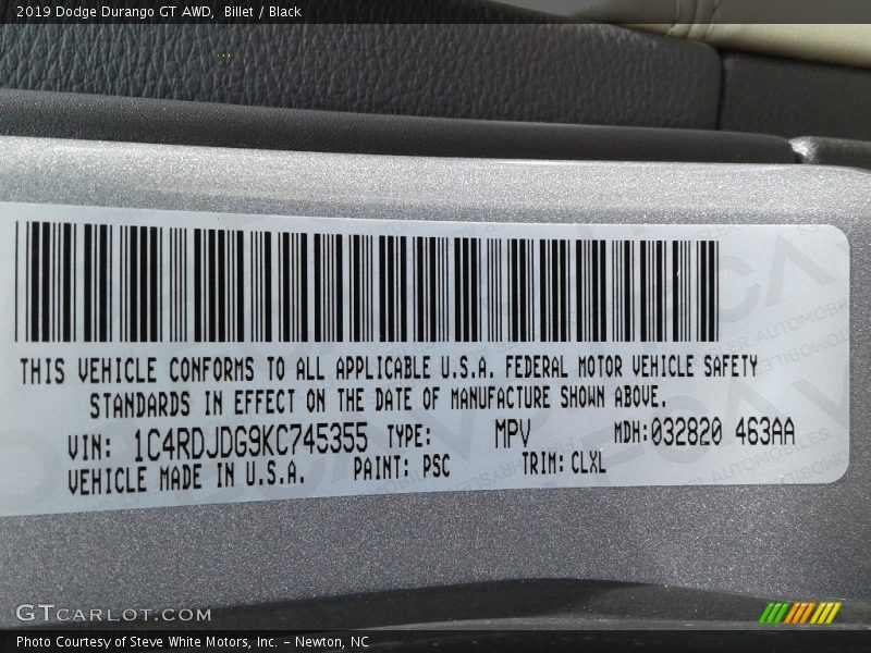 Billet / Black 2019 Dodge Durango GT AWD