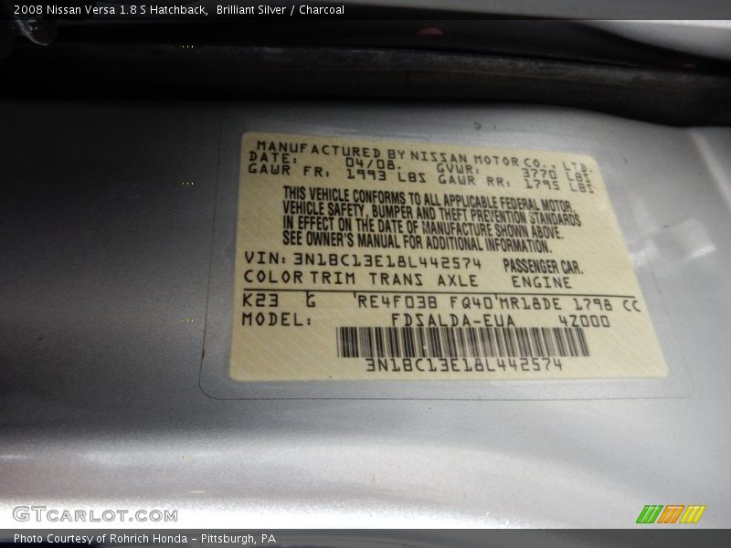 Brilliant Silver / Charcoal 2008 Nissan Versa 1.8 S Hatchback