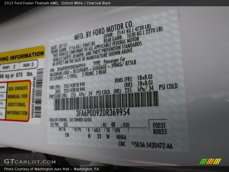 Oxford White / Charcoal Black 2013 Ford Fusion Titanium AWD