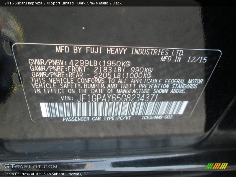 Dark Gray Metallic / Black 2016 Subaru Impreza 2.0i Sport Limited