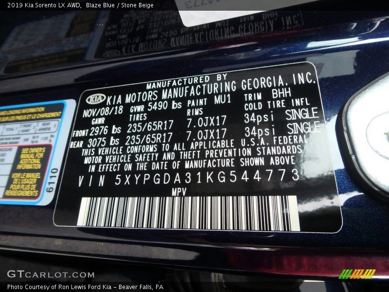 Blaze Blue / Stone Beige 2019 Kia Sorento LX AWD