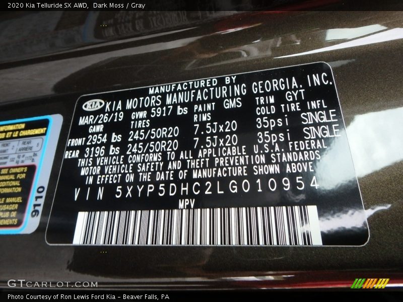 2020 Telluride SX AWD Dark Moss Color Code GMS