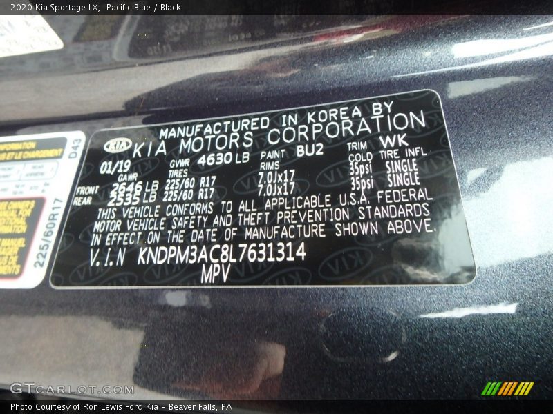 2020 Sportage LX Pacific Blue Color Code BU2