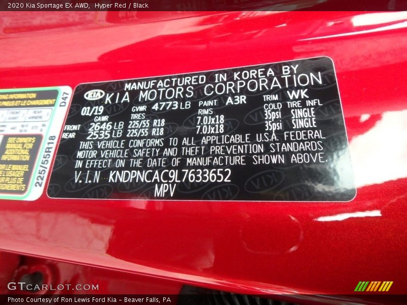 2020 Sportage EX AWD Hyper Red Color Code A3R