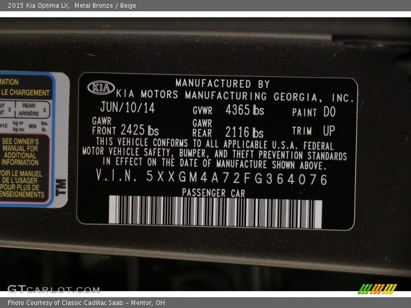 Metal Bronze / Beige 2015 Kia Optima LX