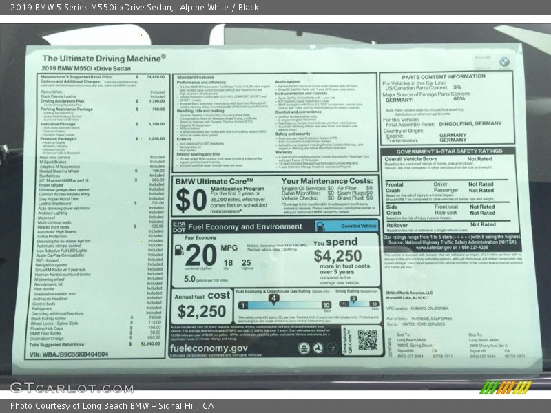  2019 5 Series M550i xDrive Sedan Window Sticker