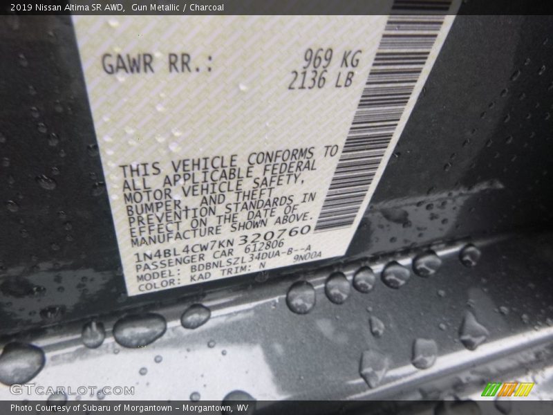 2019 Altima SR AWD Gun Metallic Color Code KAD