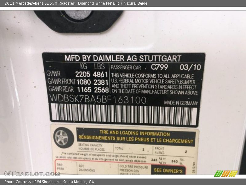 Diamond White Metallic / Natural Beige 2011 Mercedes-Benz SL 550 Roadster