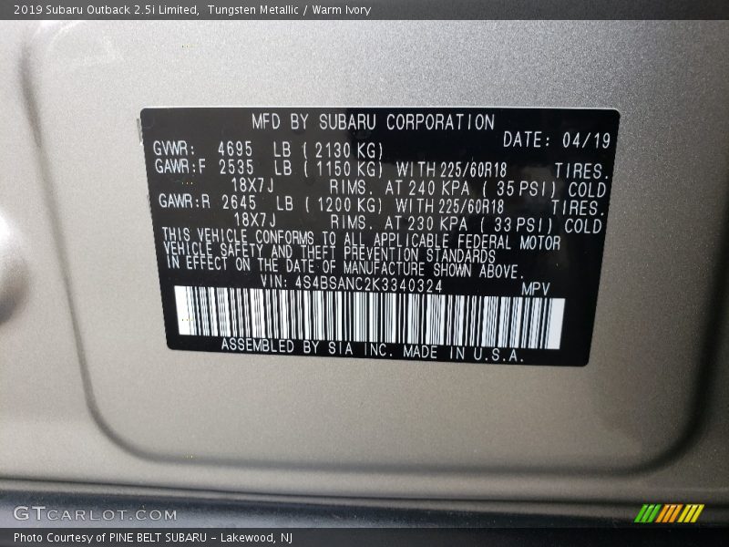 Tungsten Metallic / Warm Ivory 2019 Subaru Outback 2.5i Limited