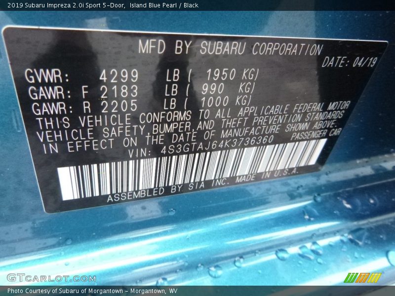 Island Blue Pearl / Black 2019 Subaru Impreza 2.0i Sport 5-Door