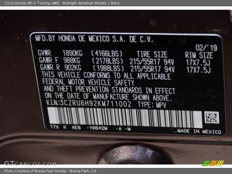 Midnight Amethyst Metallic / Black 2019 Honda HR-V Touring AWD