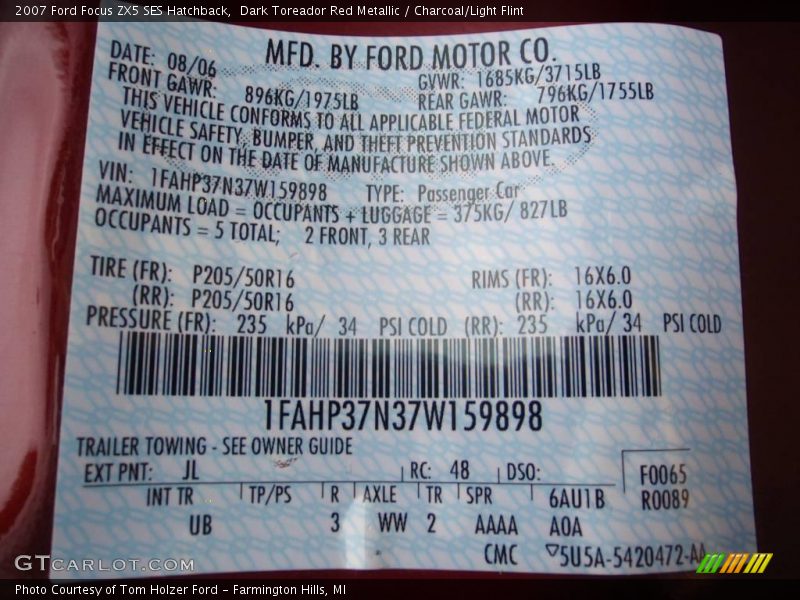 Dark Toreador Red Metallic / Charcoal/Light Flint 2007 Ford Focus ZX5 SES Hatchback