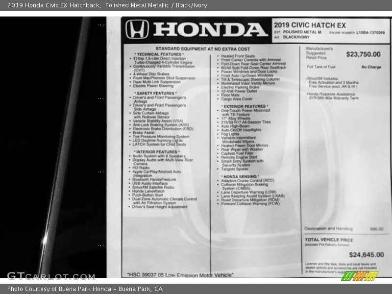 Polished Metal Metallic / Black/Ivory 2019 Honda Civic EX Hatchback
