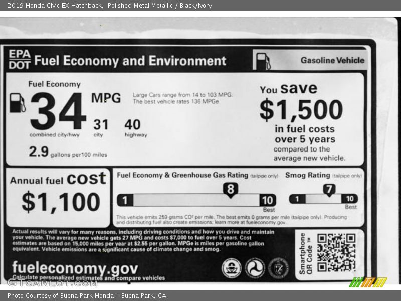 Polished Metal Metallic / Black/Ivory 2019 Honda Civic EX Hatchback