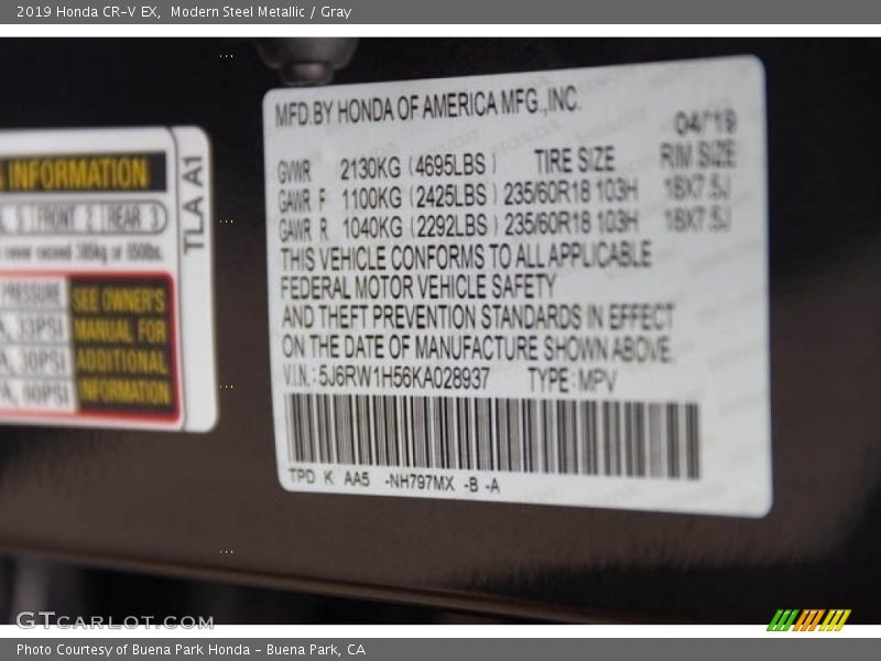 Modern Steel Metallic / Gray 2019 Honda CR-V EX