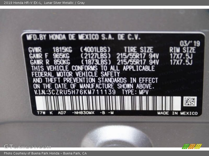 2019 HR-V EX-L Lunar Silver Metallic Color Code NH830MX
