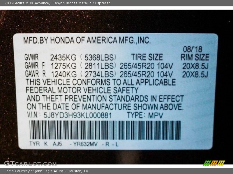 2019 MDX Advance Canyon Bronze Metallic Color Code YR632MV