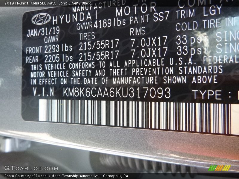 Sonic Silver / Black 2019 Hyundai Kona SEL AWD