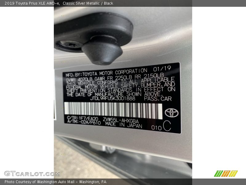 2019 Prius XLE AWD-e Classic Silver Metallic Color Code 1F7