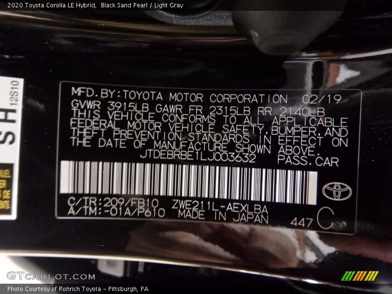 Black Sand Pearl / Light Gray 2020 Toyota Corolla LE Hybrid