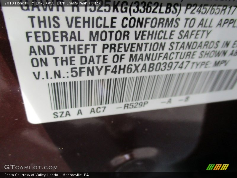 Dark Cherry Pearl / Black 2010 Honda Pilot EX-L 4WD