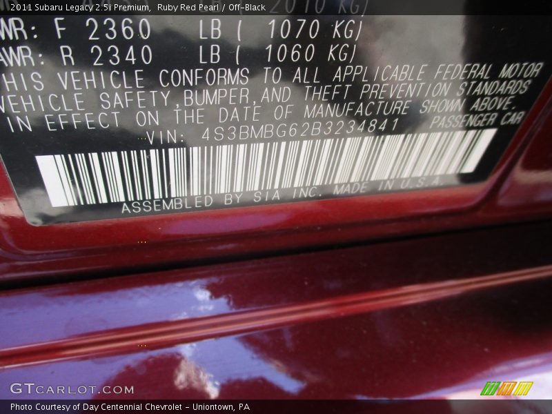 Ruby Red Pearl / Off-Black 2011 Subaru Legacy 2.5i Premium