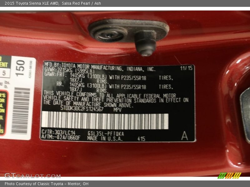 Salsa Red Pearl / Ash 2015 Toyota Sienna XLE AWD