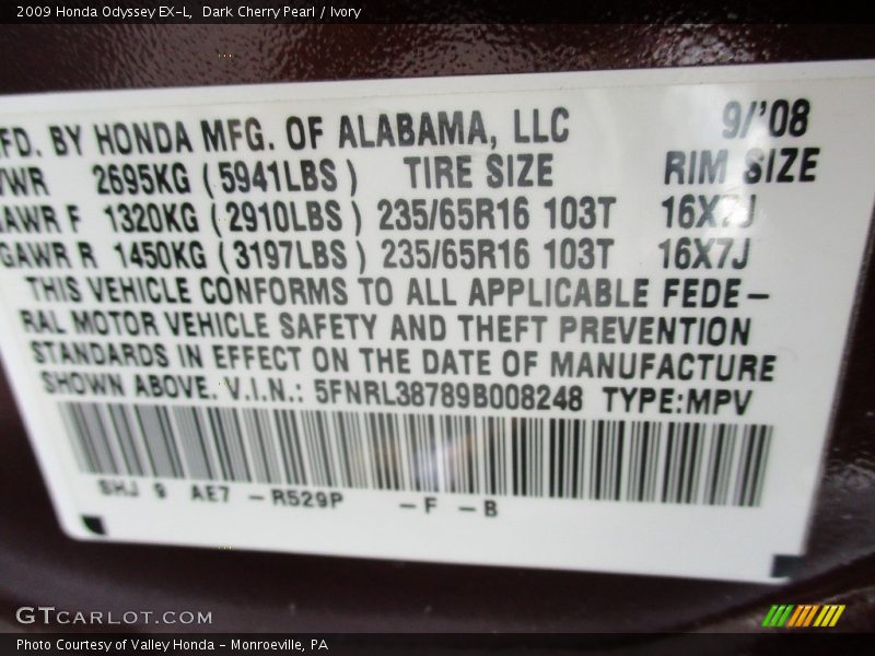 Dark Cherry Pearl / Ivory 2009 Honda Odyssey EX-L