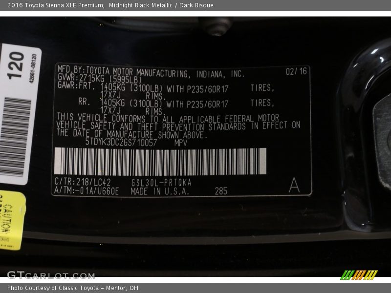 Midnight Black Metallic / Dark Bisque 2016 Toyota Sienna XLE Premium