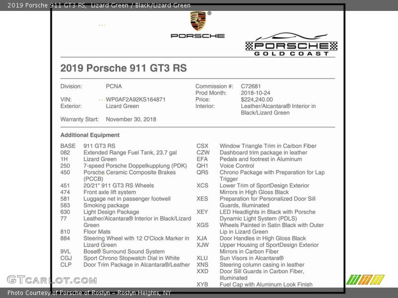 2019 911 GT3 RS Window Sticker