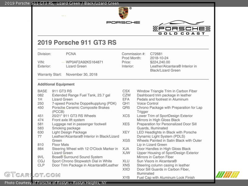  2019 911 GT3 RS Window Sticker