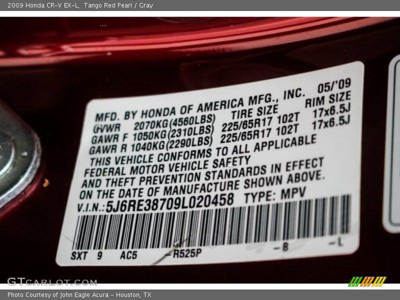 Tango Red Pearl / Gray 2009 Honda CR-V EX-L