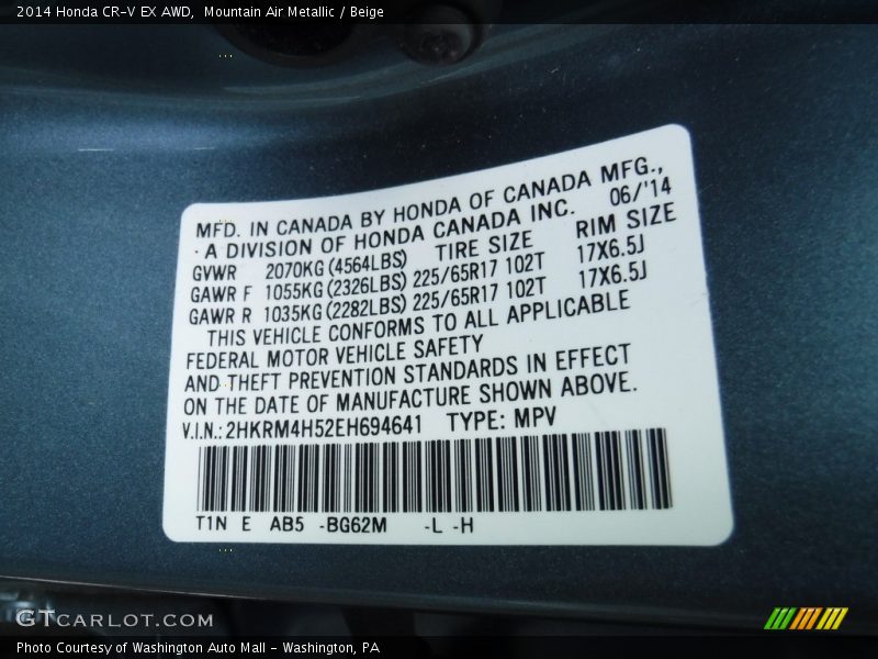 Mountain Air Metallic / Beige 2014 Honda CR-V EX AWD