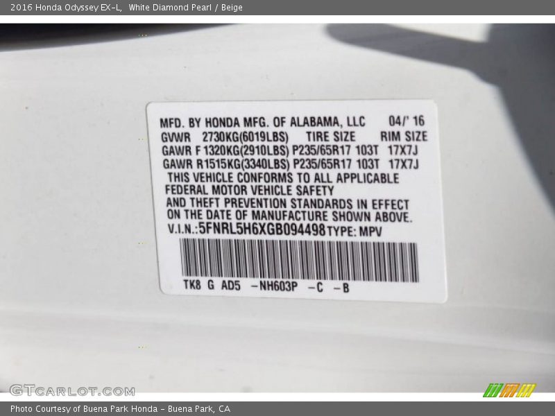 White Diamond Pearl / Beige 2016 Honda Odyssey EX-L