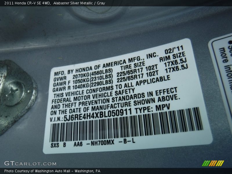 Alabaster Silver Metallic / Gray 2011 Honda CR-V SE 4WD