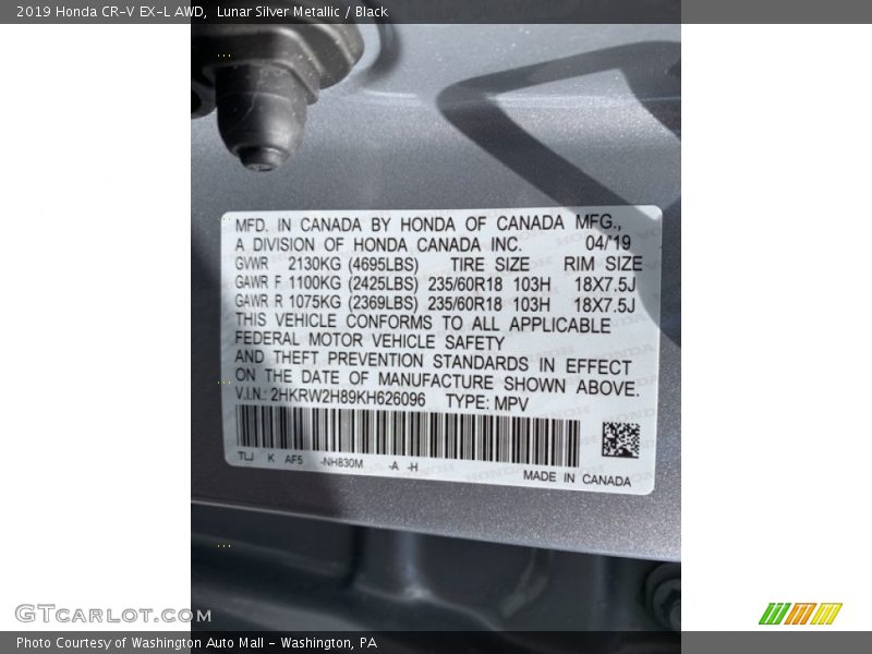 Lunar Silver Metallic / Black 2019 Honda CR-V EX-L AWD
