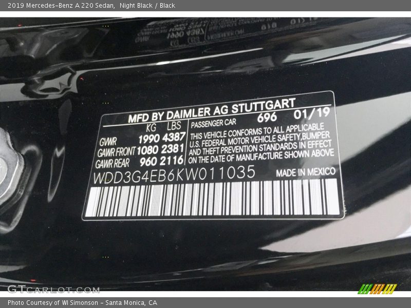 2019 A 220 Sedan Night Black Color Code 696