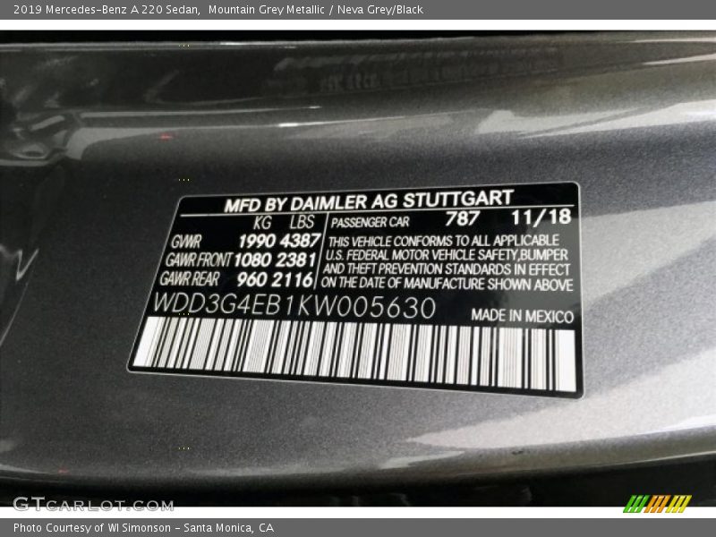 2019 A 220 Sedan Mountain Grey Metallic Color Code 787