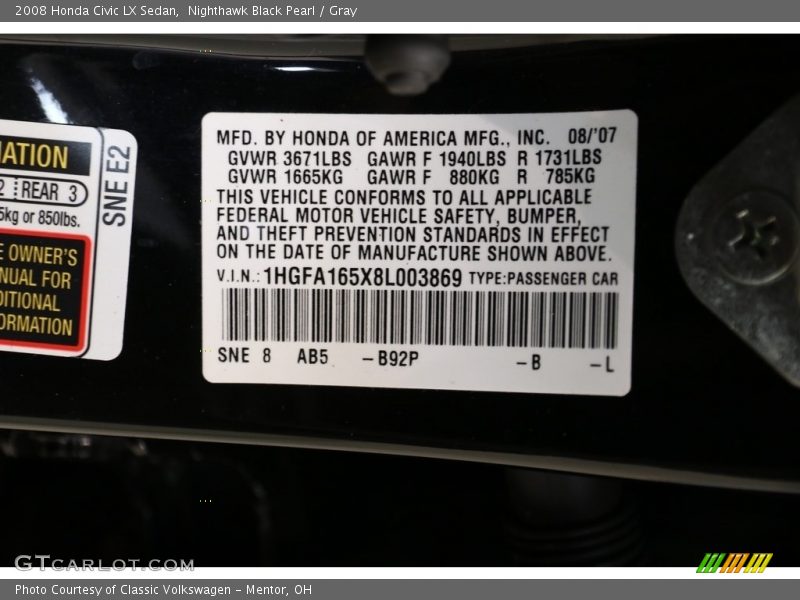 Nighthawk Black Pearl / Gray 2008 Honda Civic LX Sedan